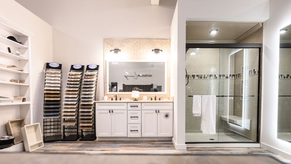 Schnaitman's Flooring America bathroom showroom with material samples